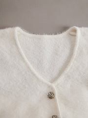 White Mohair V-neck Button Imitation Ostrich Feather Midi Dress