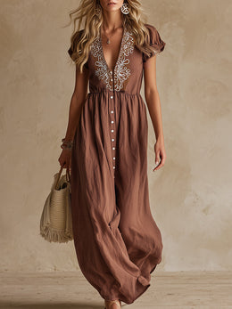 Retro Ethnic Style Embroidered Brown Cotton And Linen Short-sleeved Maxi Dress