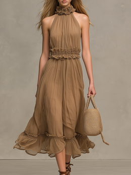 Elegant And Casual Halter-neck Sleeveless Midi Dress With Ruffle Details