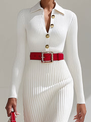 White Wool Lapel Button Design Maxi Dress