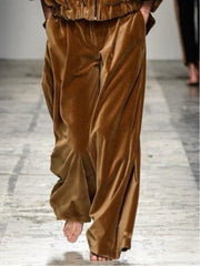 Brown velvet zip-up hooded sweatshirt and trousers set