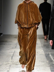 Brown velvet zip-up hooded sweatshirt and trousers set