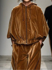 Brown velvet zip-up hooded sweatshirt and trousers set