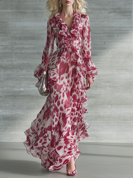 Romantic Bohemian Print Ruffle V-neck Maxi Dress