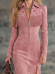 Lapel Collar Zip-up Side-slit Embroidered Faux Suede Long-sleeved Midi Dress