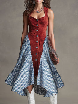 Western-style Retro Plaid Chiffon Red Faux Suede Sleeveless Midi Dress