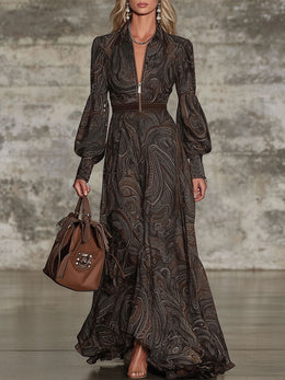 Fashion Retro Paisley Pattern Zipper Maxi Dress