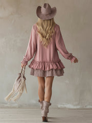 Retro Sporty Style Checkered Trim Powder Pink Sweatshirt Mini Dress