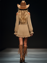 Bohemian Strapless Off-the-Shoulder Khaki Long Sleeve Mini Dress