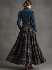 Retro Ethnic Style Belt Blue Faux Suede Plaid Maxi Dress