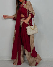 Women's V-neck Patchwork Top and Pants Casual Set