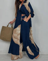 Women's V-neck Patchwork Top and Pants Casual Set