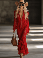Fashion Western Long Sleeve Zipper V Neck Hem Ruffle Red Lace Maxi Dress