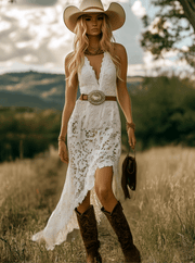 【24-hour shipping out】Vintage Elegant Western White Lace Bias Cut Maxi Dress