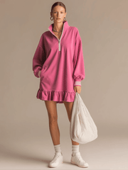 Sporty Retro Pink Cotton Half-Zip Ruffle Sweatshirt Mini Dress
