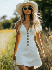 Retro Casual V-Neck Front Button White Denim Mini Dress