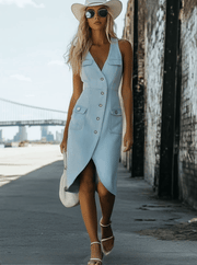 Casual Fashion V-Neck Front Button Tulip Shape Hem Light Blue Denim Midi Dress