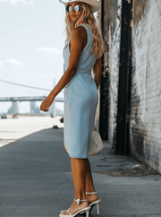 Casual Fashion V-Neck Front Button Tulip Shape Hem Light Blue Denim Midi Dress