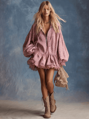 Elegant Western Hooded Front Zipper Ruffled Hem Pink Leopard Print Fuax Suede Mini Dress