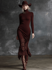 Simple And Elegant High-neck Lace Hem Burgundy Knitted Maxi Dress