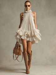 Vacation Retro Beige Lace Sleeveless Ruffled Mini Dress