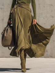 Olive Green Stretch Turtleneck Top And Faux Suede Maxi Skirt Set（Includes belt）