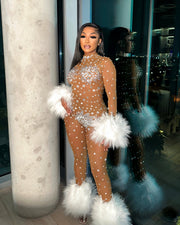 CHARICE Rhinestone & Faux Fur Trim Jumpsuit