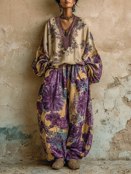 Bohemian Floral Print Loose V-neck Top And Wide-leg Pants Set