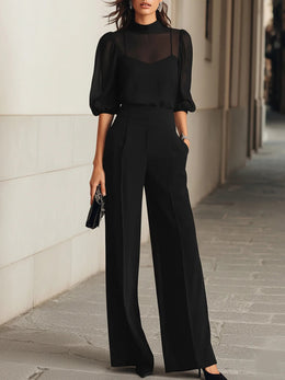 Black Sheer Camisole Top And Wide-leg Pants Three-piece Set