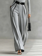 White Trim High-neck Long-sleeved Top With Wide-leg Pants and Belt Set