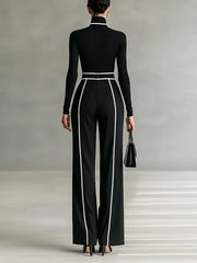 White Trim High-neck Long-sleeved Top With Wide-leg Pants and Belt Set