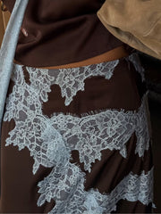 Elegant Brown and Blue Lace Panel Top + Skirt Suit Set