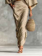 Cotton And Linen Blend Bat Sleeve Long Skirt Two-piece Set