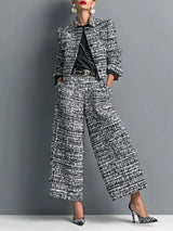 Tweed Blend Single-Breasted Cropped Jacket And Wide-Leg Pants Set