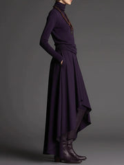 Purple Turtleneck Top and Asymmetrical Skirt Two-piece Set