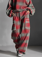 Red and Gray Plaid Color-blocked Sweatshirt and Casual Pants Two-piece set