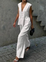 Cotton and linen V-neck ruffled two-piece suit
