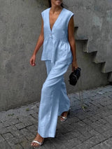 Cotton and linen V-neck ruffled two-piece suit