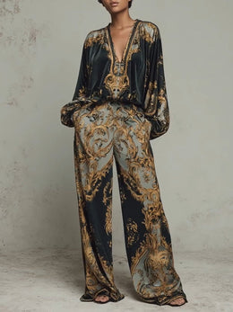 Baroque Ornate Floral Print Top And Wide-leg Trousers Casual Suit