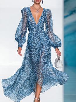 Elegant And Fashionable Chiffon Blue Leopard Print Long Sleeve V-neck Flowing Maxi Dress