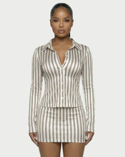 AVENYA Striped Long-Sleeved Shirt & Mini Skirt Set
