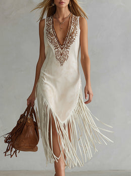 Retro Casual Embroidered White Faux Suede Fringed Midi Dress