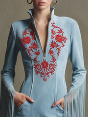 Western Retro Red Embroidered Blue Faux Suede Long-Sleeved Tassel Mini Dress