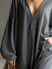 Elegant Silhouette Grey Denim Tassel Long Sleeve Maxi Dress