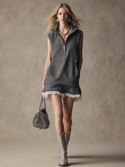 Casual And Stylish White Lace-trimmed Gray Sleeveless Mini Dress