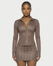 AVENYA Striped Long-Sleeved Shirt & Mini Skirt Set