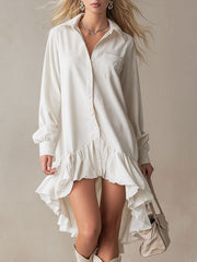 Stylish And Elegant Off-white Ruffled Tencel Denim Midi Dress