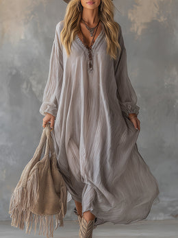 Lazy And Elegant V-neck Light Gray Crinkled Chiffon Maxi Dress