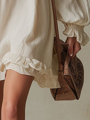 Western Retro Embroidered Beige Long-Sleeved Cotton Linen Mini Dress