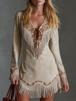 Western-style Tie-up Embroidered Fringed Faux Suede Long-sleeved Mini Dress